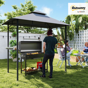 8' x 5' Grill Gazebo with Double Roof, Outdoor BBQ Canopy Gazebo with 2 Side Shelves for Patio Yard Garden Gray