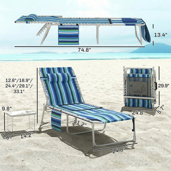 Tanning Chair with Face Hole and Side Table, 5-Position Folding Outdoor Chaise Lounge Chair, Blue Stripe