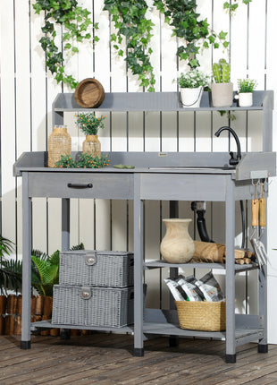 Potting Bench Table, Outdoor Garden Table Wooden Work Station with Removable Sink, Faucet, Drawer, Shelves, Hooks, Gray