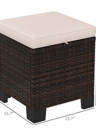 2 Piece Wicker Outdoor Ottomans with Cushions, Rattan Ottoman Footrest and Side Table for Patio, Yard, Poolside, Cream
