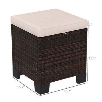 2 Piece Wicker Outdoor Ottomans with Cushions, Rattan Ottoman Footrest and Side Table for Patio, Yard, Poolside, Cream