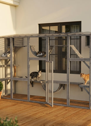 Catio Playground Cat Window Box Outside Enclosure for Multiple Cats w/ Shelves & Bridges, Gray