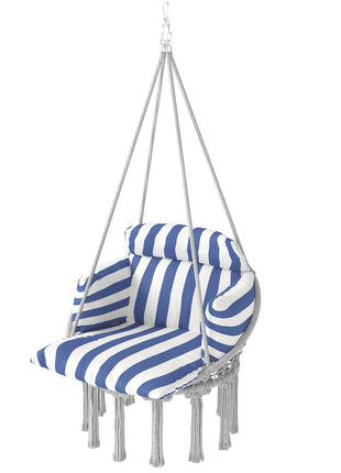 Hammock Swing Chair, Macrame Hanging Chair with Large Cushion, Chain, Steel Frame for Indoor Outdoor Use, Blue and White