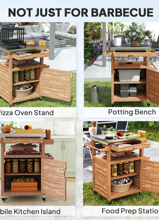 Outdoor Grill Cart with Stainless Steel Top, Solid Wood Outdoor Kitchen Island with Wheels, Drawer, Side Handle, Brown