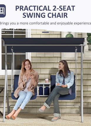 2-Seater Outdoor Porch Swing with Canopy and Table, Patio Swing Chair for Garden, Poolside, Backyard, Dark Blue
