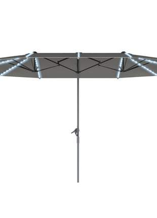 15ft Double-Sided Outdoor Umbrella with Solar Lights, UPF50+ Extra Large Aluminum Patio Umbrella with Crank, Dark Gray