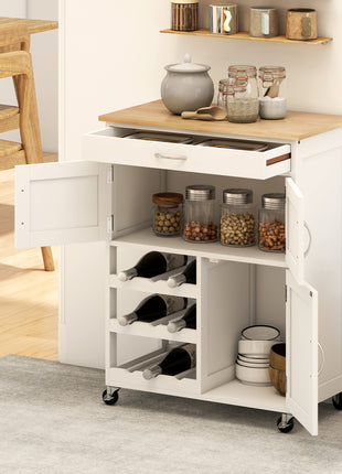 Rolling Kitchen Cart, Kitchen Island with Storage Drawer, 9-bottle Wine Rack, Door Cabinets, Wooden Countertop, White