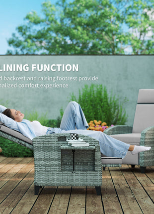 Outdoor Recliner Chair with Cushions, Reclining Patio Lounge Chair with Adjustable Footrest, Armrests, Tray Table, Gray