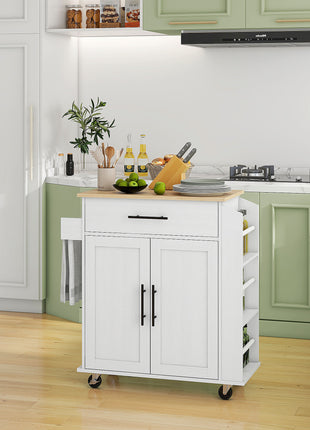 Rolling Island with Wheels for Kitchen, Kitchen Island on Rollers with Power Outlets, Drawer, and Doors, White