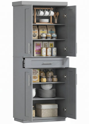 Modern Kitchen Pantry Freestanding Cabinet Cupboard with Doors and Drawer, Adjustable Shelving, Gray