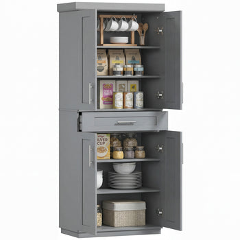 Modern Kitchen Pantry Freestanding Cabinet Cupboard with Doors and Drawer, Adjustable Shelving, Gray