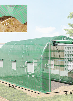 Hoop House Greenhouse, Walk-in Tunnel Greenhouse with 2 Support Rods, Zippered Roll-up Mesh Door, 14.6'x6.5'x6.6', Green