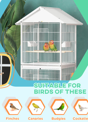 Wrought Metal Bird Cage Feeder with Rolling Stand Perches Food Containers Doors Wheels 67" H, White