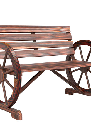41" Wooden Wagon Wheel Bench, Rustic Outdoor Patio Bench Weather Resistance Furniture, 2-Person Slatted Seat with Backrest, Carbonized