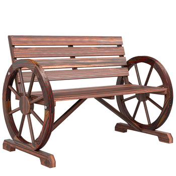 41" Wooden Wagon Wheel Bench, Rustic Outdoor Patio Bench Weather Resistance Furniture, 2-Person Slatted Seat with Backrest, Carbonized
