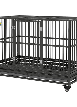 48" Heavy Duty Dog Crate Metal Cage Kennel with Lockable Wheels, Double Door and Removable Tray, gray