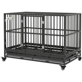 48" Heavy Duty Dog Crate Metal Cage Kennel with Lockable Wheels, Double Door and Removable Tray, gray