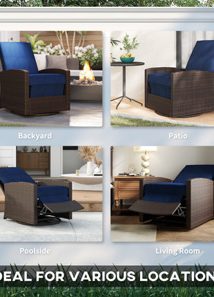 Outdoor Wicker Chair, Reclining Backrest, Lifting Footrest, 360° Rotating Basic, Water Resistant Cushions, Dark Blue