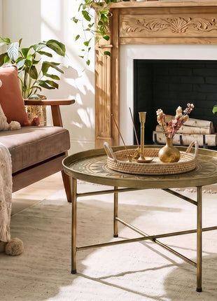 Coffee Table for Living Room, 24" Round Center Table with Hammered Tray Top and Metal Frame for Bedroom, Gold