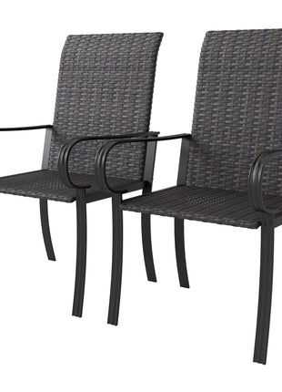 Set of 2 Outdoor Wicker Dining Chairs with Armrest, Steel Frame, High Back and Deep Seating, Brown