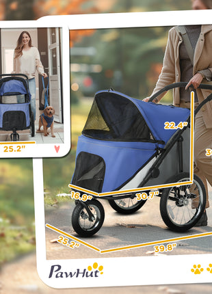3 Wheels Dog Stroller w/ One-Hand Fold, Rubber Wheels, Storage Bag, Soft Cushion, for Small & Medium Dogs, Blue