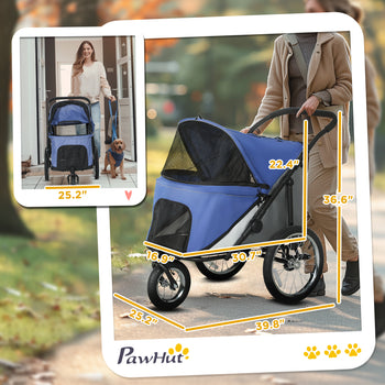 3 Wheels Dog Stroller w/ One-Hand Fold, Rubber Wheels, Storage Bag, Soft Cushion, for Small & Medium Dogs, Blue