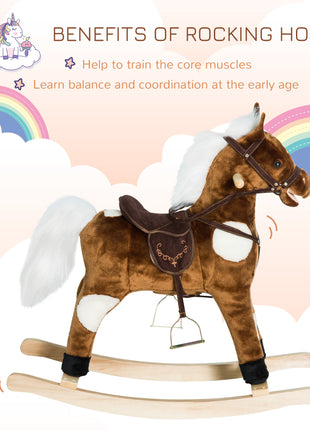 Kids Metal Plush Ride-On Rocking Horse Chair Toy With Nursery Rhyme Music - Dark Brown