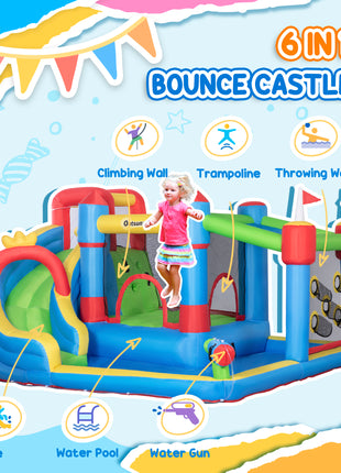 6-in-1 Inflatable Water Slide with Splash Pool, Slide, Climbing Wall, Water Cannon, Inflatable Bounce House for Kids with 2 Min. Inflation and Air Blower