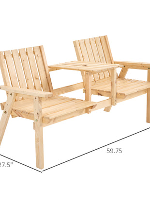 Patio Bench, Garden Bench with Middle Table and Umbrella Hole, Wooden Outdoor Bench for Patio, Porch, Poolside, Balcony, Natural