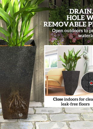 28" Tall Planters, Set of 3 Plastic Flower Pots with Marble Finish and Drainage Holes, Stackable Taper Planters, Black