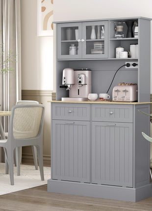Kitchen Cabinet with Charging Station, 2 Tilt Out Cabinets, Microwave Stand, Freestanding Kitchen Pantry Cabinet, Gray