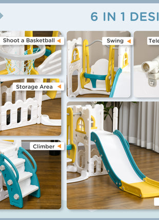6 in 1 Toddler Slide and Swing Set Indoor for Age 1-3 Years w/ Basketball Hoop, Climber, Storage Telescope, Yellow