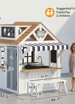 Outdoor Playhouse, Wooden Kids Playhouse with Dog Door, Cookware, Blackboard, Bench, Doorbell for Ages 2+