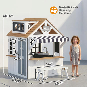 Outdoor Playhouse, Wooden Kids Playhouse with Dog Door, Cookware, Blackboard, Bench, Doorbell for Ages 2+
