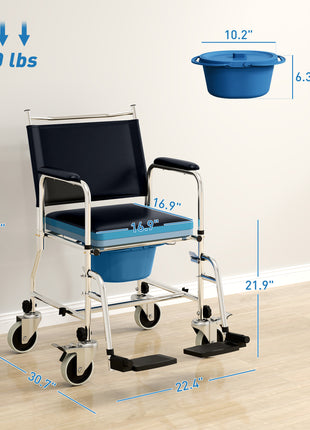 Rolling Shower Chair, Bedside Commode Wheelchair with Padded Seat, Backrest, for Seniors, Disabled, 300 lbs, Black