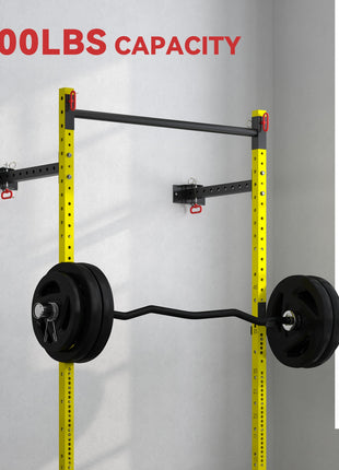 Folding Squat Rack with Pull Up Bar, Wall Mounted and Adjustable, 1000 Pounds Capacity Power Rack, Yellow