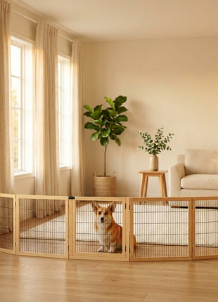 Wooden Pet Gate, 6-Panel Folding Dog Safety Barrier with Support Feet for Small & Medium Dogs, Natural Wood