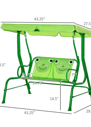 Kids Patio Swing, Adjustable Canopy Swing Glider, Kids Outdoor Swing Chair with 2 Seats, Seat-Belted Safety, Green