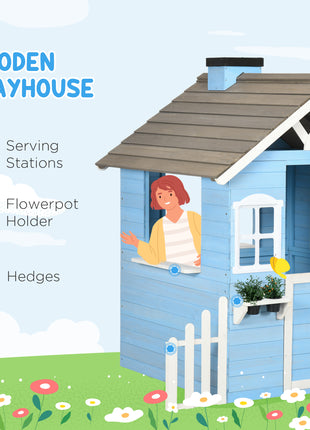 Wooden Playhouse for Kids Outdoor with Flower Pot Holders, Door, Windows, Service Stations for 3-7 Years, Blue