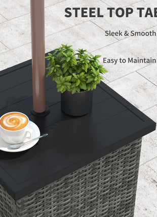 Wicker Side Table with 1.5" Umbrella Hole, Square Outdoor End Table with UV-Resistant Frame, Storage Space, Mixed-Gray