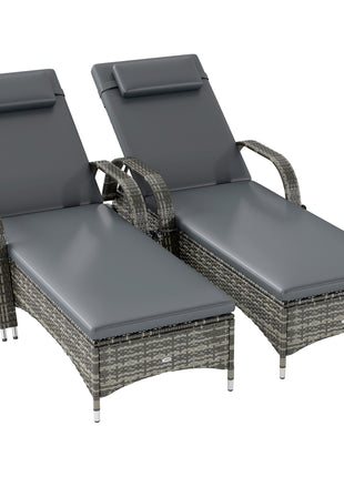 2 Reclining Chaise Lounge Chairs, Rolling Outdoor Chairs with Cushion, Pillow, Headrest, Armrests, and Wheels, Gray