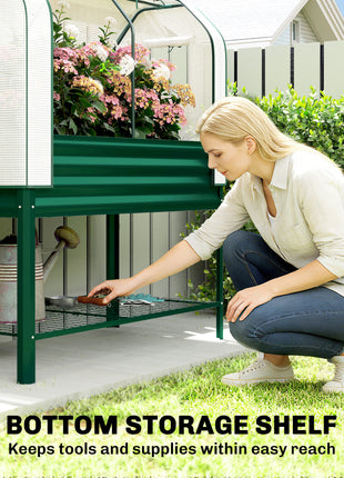 Galvanised Raised Garden Bed with Greenhouse Cover, Metal Elevated Garden Bed with Bed Liner, Bottom Shelf, Green