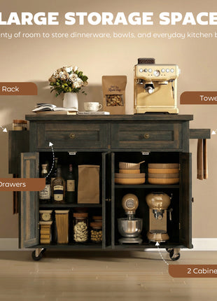 44" Mobile Kitchen Island Table, Kitchen Island Cart on Wheels with Storage Cabinets, 2 Drawers, Brown