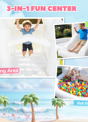 Inflatable Bounce House, 3-in-1 White Castle Bouncy House with Slide, Ball Pit and 370W Blower for Kids Ages 3-8, White