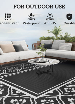 Reversible Outdoor Rug, Waterproof Plastic Straw with Carry Bag, 9' x 18', Black & White Gourd Border