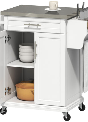 Kitchen Island on Wheels, Rolling Kitchen Cart with Stainless Steel Countertop, Drawer, Towel Rack and Spice Rack, Utility Storage Trolley, White