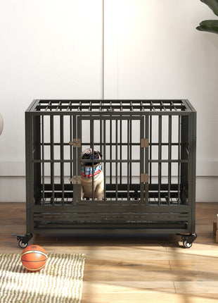 36" Heavy Duty Dog Crate Metal Cage Kennel with Lockable Wheels, Double Door and Removable Tray, Gray