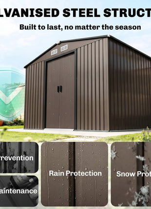 Outdoor Shed Garden Storage Shed Tool Storage Building with 4 Vents and 2 Sliding Doors, 9 x 6 FT, Brown