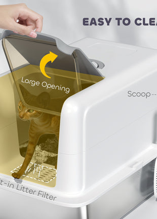 2 in 1 Stainless Steel Cat Litter Box with Removable Lid, Scoop, Filter Bags, for Small to Large Cats, White