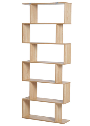 75.5" H Bookcase 6 Shelf S-Shaped Bookshelf Wooden Storage Display Stand Shelf Organizer Free Standing, Oak